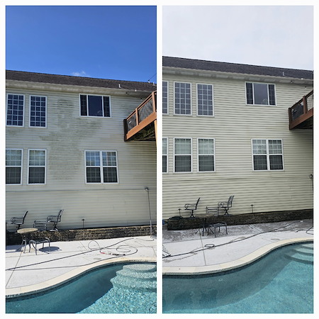 Before and after photo for house washing for Kirkwood, MO area home.